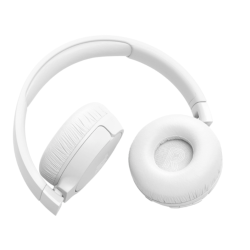 Bele slušalke JBL, delno zložene, z označeno desno blazinico in udobnim oblazinjenim lokom.