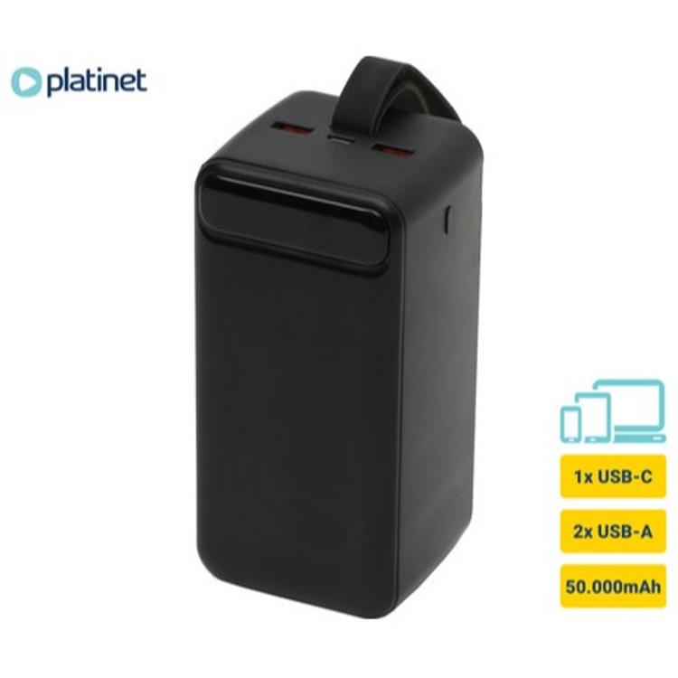 Platinet powerbank 50.000 mAh, črn, z ročajem, 1× USB‑C in 2× USB‑A, robustno ohišje.