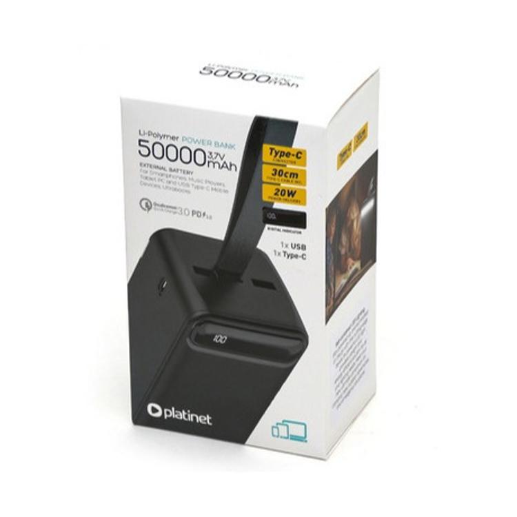 Embalaža Platinet powerbank 50.000 mAh, prikaz naprave, USB‑C kabel 30 cm, 20 W, 1× USB, 1× USB‑C.