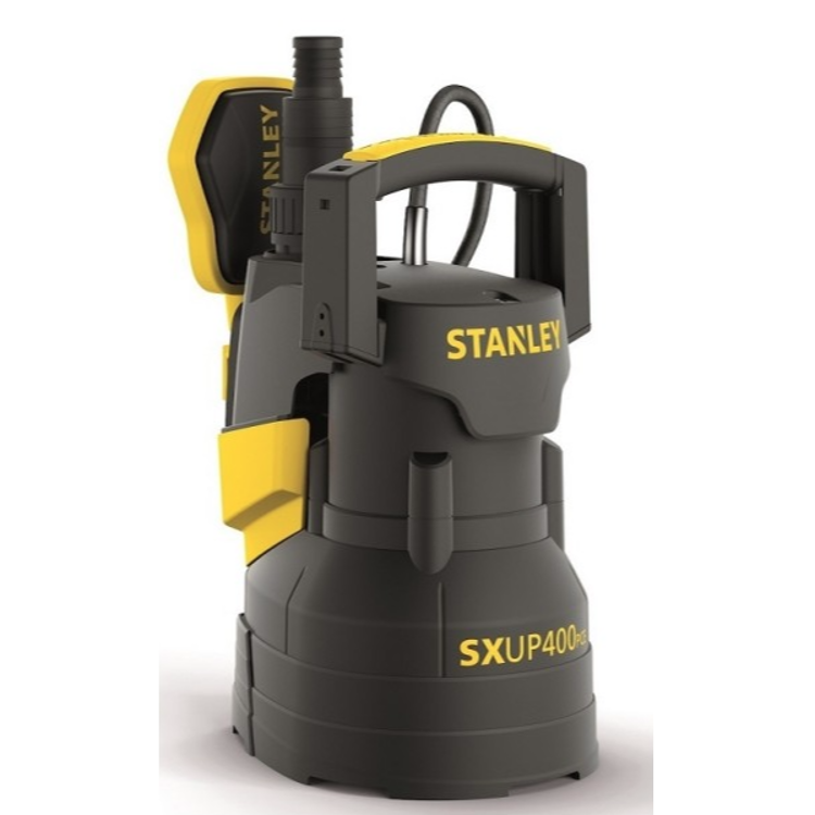 Stanley SXUP400PCE potopna črpalka za čisto ali rahlo umazano vodo** z zgornjim ročajem za prenašanje, priključkom za cev in kompaktnim črno‑rumenim ohišjem za odvodnjavanje in črpanje vode.