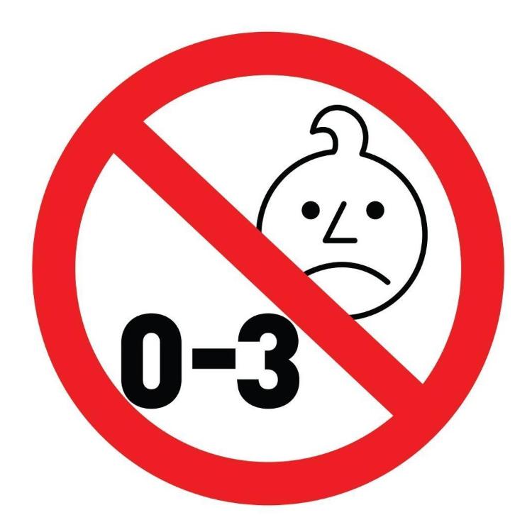 Opozorilni simbol prepovedi za otroke od 0 do 3 let zaradi majhnih delov.