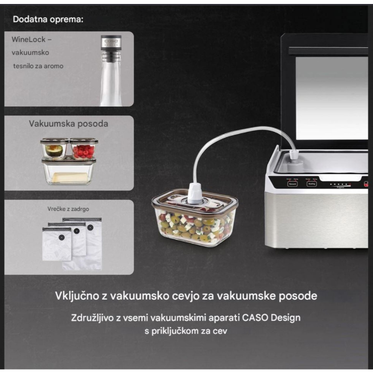 Caso VacuChef 40 z vakuumsko cevjo za posode ter dodatki, kot so vakuumske posode, WineLock zamašek in vrečke z zadrgo