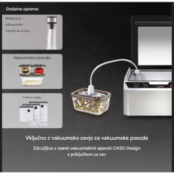 Caso VacuChef 40 z vakuumsko cevjo za posode ter dodatki, kot so vakuumske posode, WineLock zamašek in vrečke z zadrgo