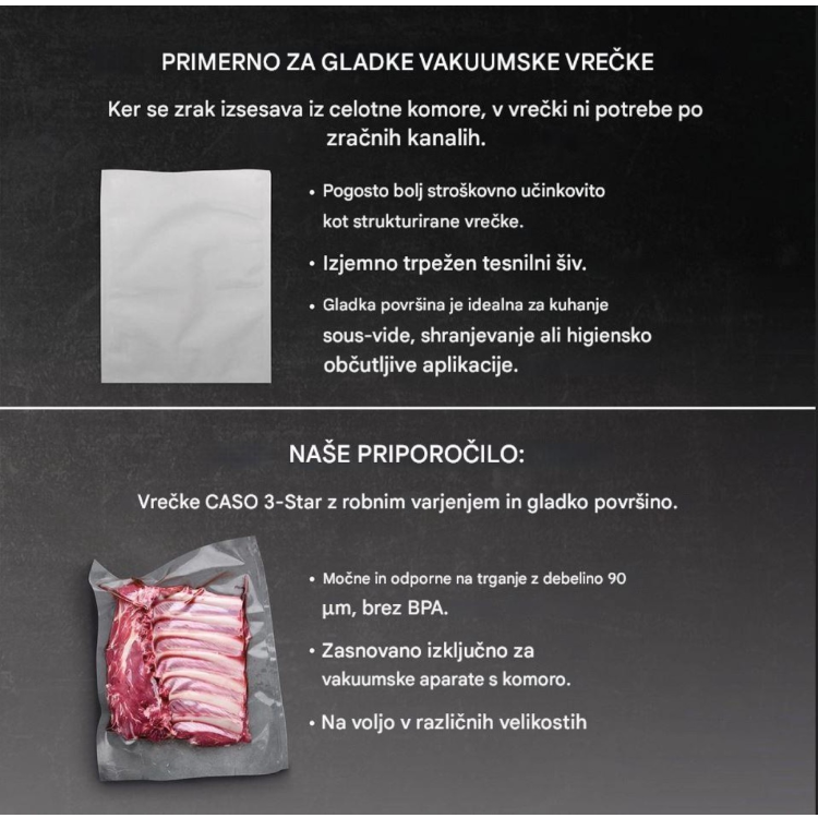 Grafika Caso vakuumskih vrečk za komorne vakuumske aparate z opisom primernosti za gladke vrečke, sous‑vide kuhanje in dolgotrajno shranjevanje živil