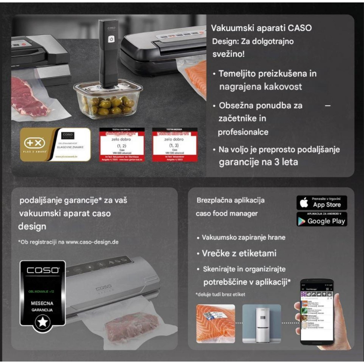 Promocijska grafika Caso vakuumskih aparatov z dodatno garancijo, mobilno aplikacijo Food Manager in prikazom vakuumiranja hrane