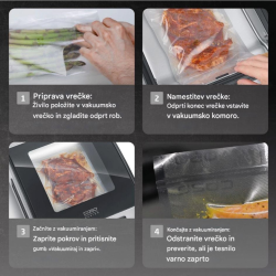 Prikaz postopka vakuumiranja živil s Caso VacuChef 40 v štirih korakih – priprava vrečke, vstavljanje, vakuumiranje in preverjanje tesnila