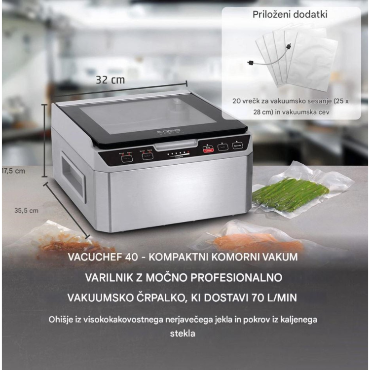 Caso VacuChef 40 komorni vakuumski aparat iz nerjavečega jekla z vakuumskimi vrečkami in prikazanimi dimenzijami naprave
