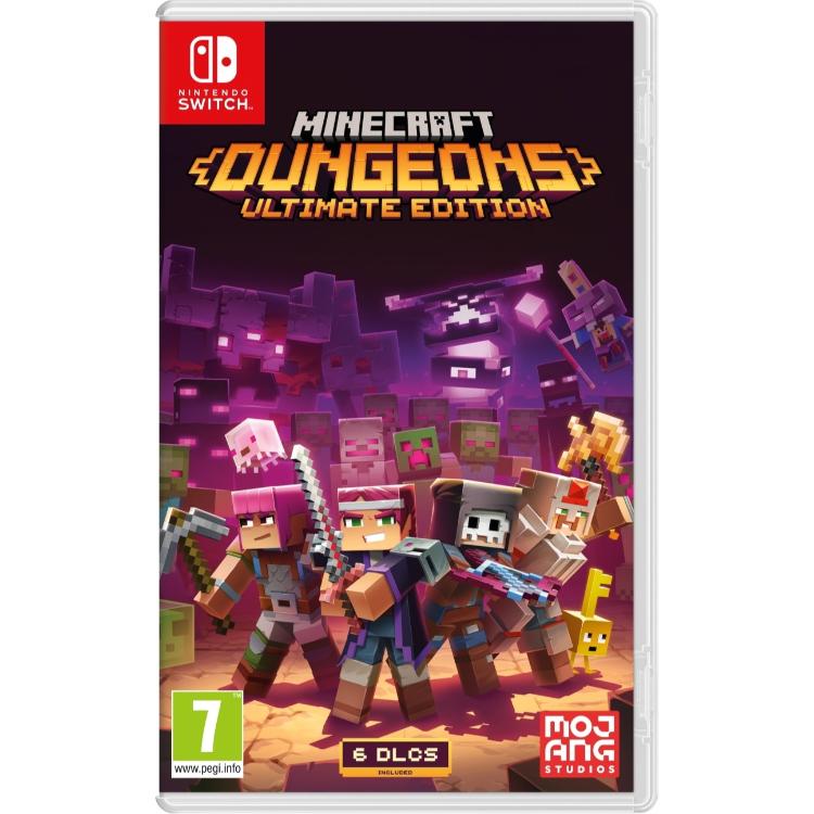 Minecraft Dungeons Ultimate Edition za Nintendo Switch, uradna naslovnica z junaki, pošastmi iz Minecraft sveta in vključenimi 6 DLC razširitvami.
