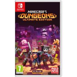 Minecraft Dungeons Ultimate Edition za Nintendo Switch, uradna naslovnica z junaki, pošastmi iz Minecraft sveta in vključenimi 6 DLC razširitvami.