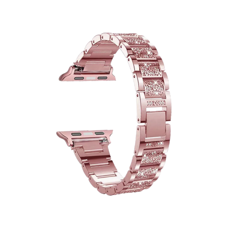 Rožnato zlat kovinski pašček s kristali, moden in eleganten dizajn, primeren za Apple Watch (42/44/45).