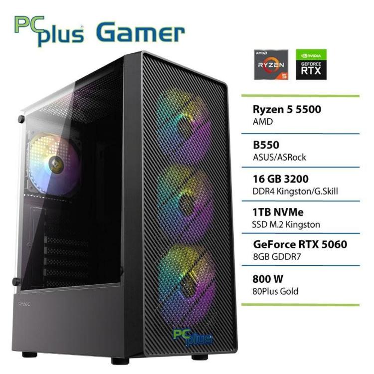 Gaming namizni računalnik PC Plus Gamer v črnem ohišju z RGB osvetlitvijo, opremljen s procesorjem AMD Ryzen 5 5500, grafično kartico GeForce RTX 5060, 16 GB pomnilnika in 1 TB NVMe SSD.