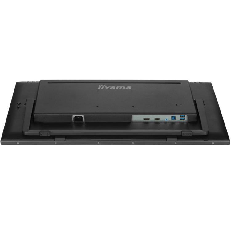 Zadnja stran iiyama zaslona na dotik z vidnimi priključki HDMI, USB in nastavljivim namiznim stojalom.