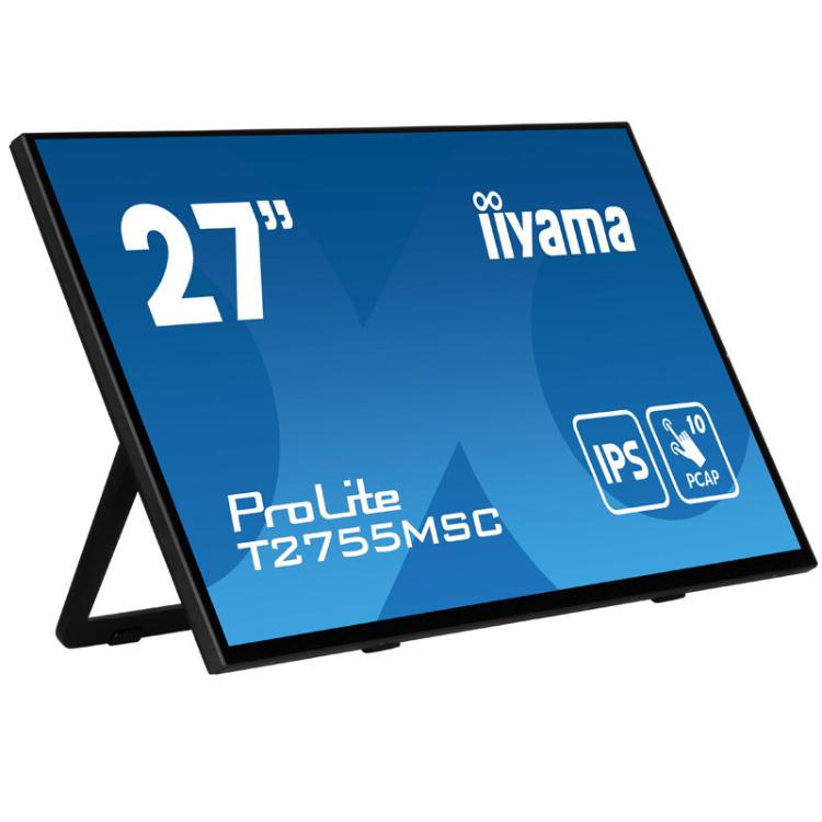 iiyama ProLite T2755MSC 27‑palčni IPS zaslon na dotik z 10-točkovno PCAP tehnologijo, prikazan na nastavljivem stojalu.