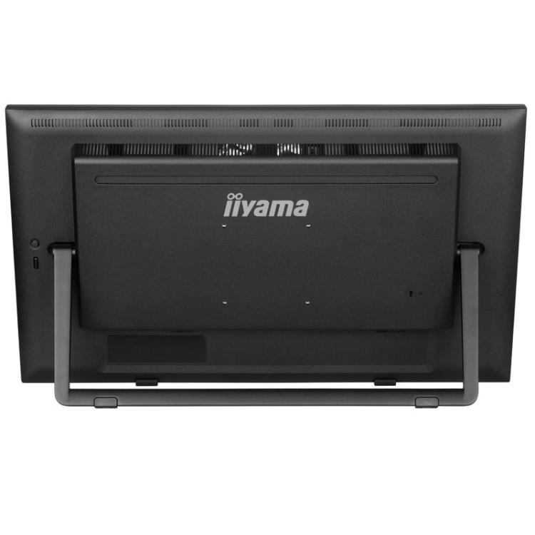 Zadnji pogled na iiyama monitor z robustnim stojalom, VESA nosilcem in minimalističnim črnim dizajnom.