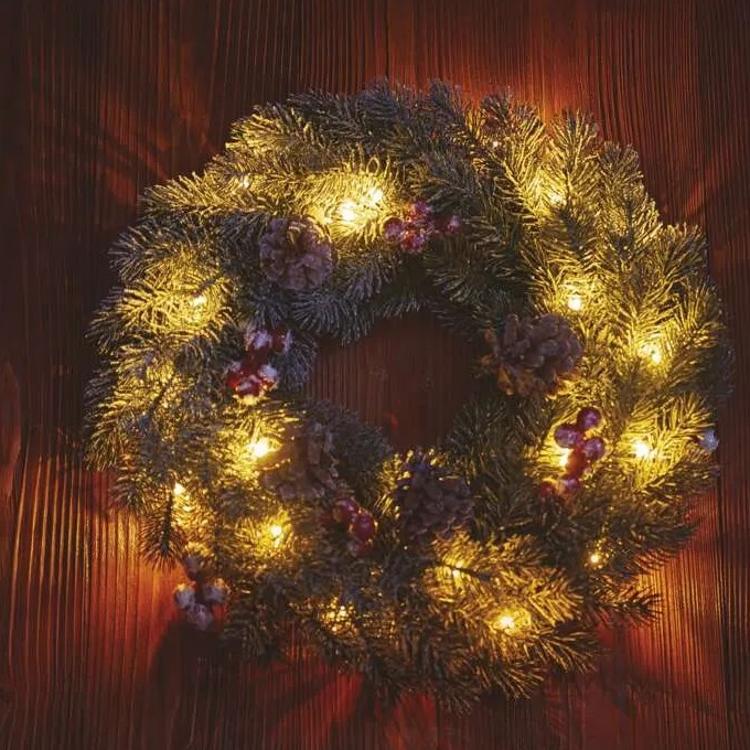 Božični venec zasnežen LED, 38 cm, 2x AA, notranji, topla bela