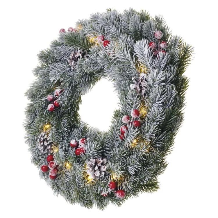 Božični venec zasnežen LED, 38 cm, 2x AA, notranji, topla bela