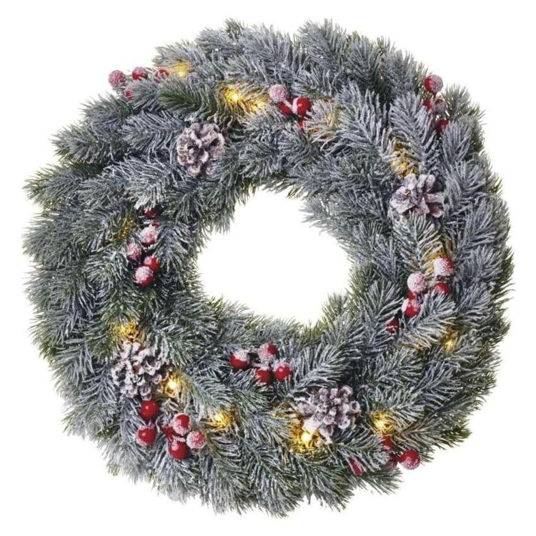 Božični venec zasnežen LED, 38 cm, 2x AA, notranji, topla bela