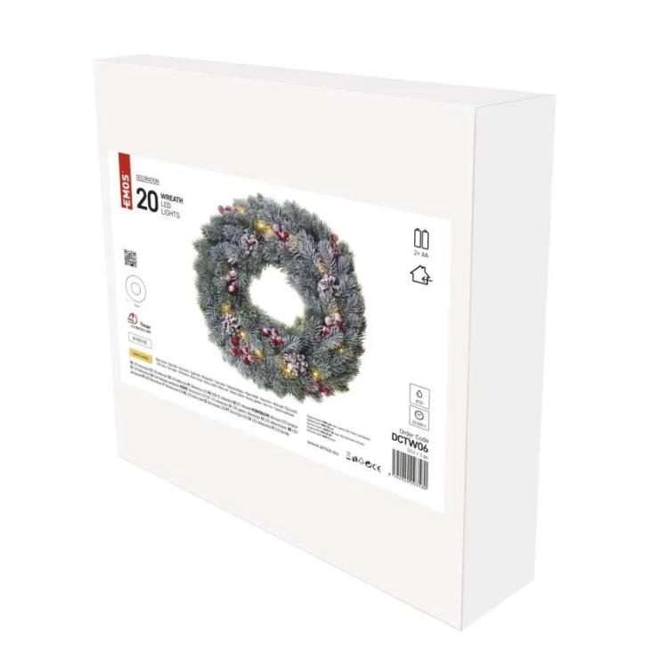 Božični venec zasnežen LED, 38 cm, 2x AA, notranji, topla bela