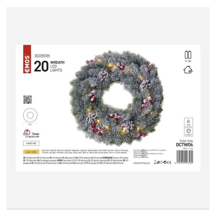 Božični venec zasnežen LED, 38 cm, 2x AA, notranji, topla bela