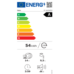 Energetska nalepka pomivalnega stroja Haier prikazuje energijski razred **A**, porabo **54 kWh na 100 ciklov**, kapaciteto za **14 pogrinjkov**, porabo vode **9,5 l na cikel**, trajanje programa Eco **3 ure in 59 minut** ter raven hrupa **44 dB (razred hrupa B)**.