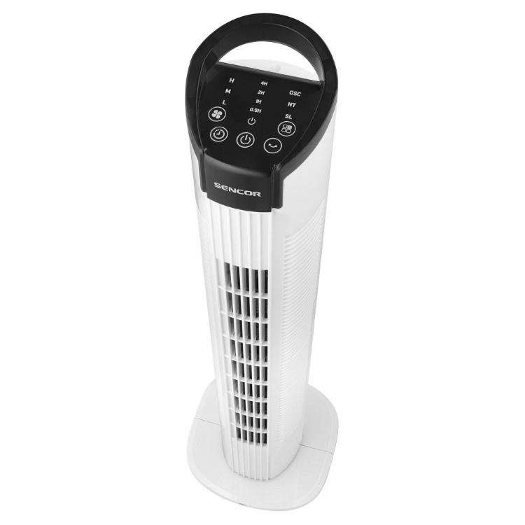 Zgornji del Sencor stolpnega ventilatorja z upravljalno ploščo, gumbi za hitrost, časovnik in oscilacijo