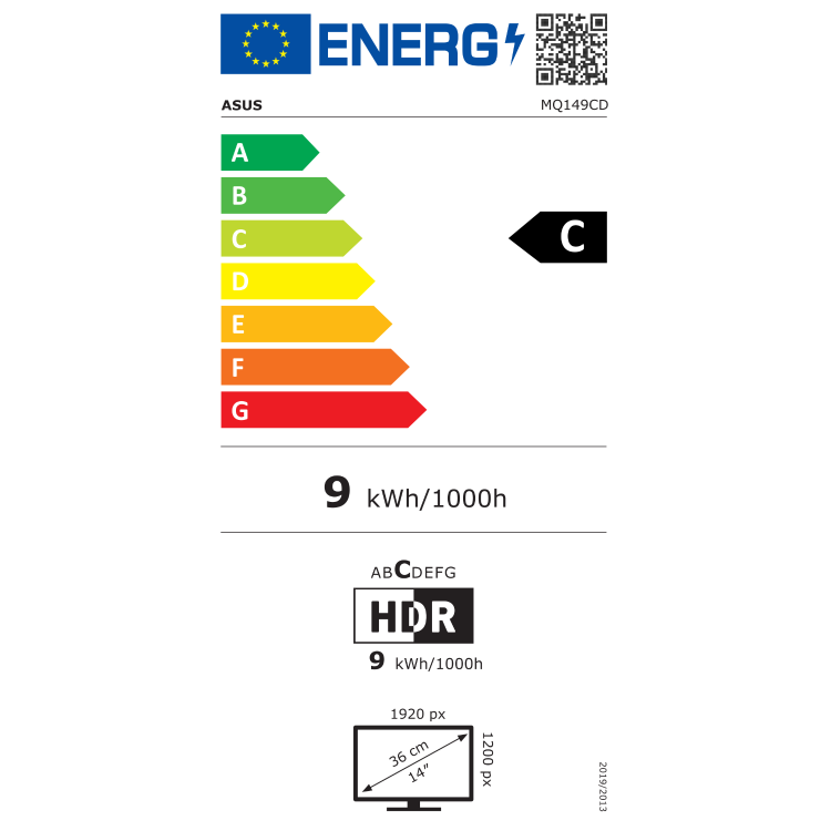 Copilot said: ASUS ZenScreen Duo OLED MQ149CD: energijska nalepka EU, razred energijske učinkovitosti C, poraba 9 kWh/1000 h, 14-palčni OLED zaslon.