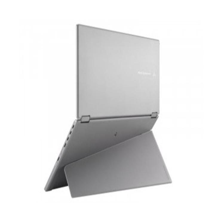 ASUS ZenScreen Duo OLED MQ149CD – zadnji pogled na prenosni dvojni OLED zaslon s kovinskim stojalom in srebrnim ohišjem.