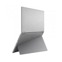 ASUS ZenScreen Duo OLED MQ149CD – zadnji pogled na prenosni dvojni OLED zaslon s kovinskim stojalom in srebrnim ohišjem.
