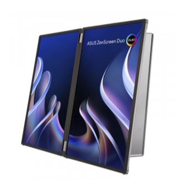 ASUS ZenScreen Duo OLED MQ149CD – odprt dvojni OLED zaslon z dvema povezanima paneloma za razširjeno delovno površino.