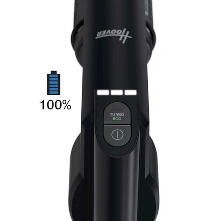 Upravljalni gumb baterijskega sesalnika Hoover z indikatorjem napolnjenosti in načinoma ECO in Turbo.
