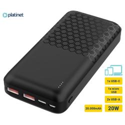 Polnilna baterija Platinet PMPB200P18B 20.000 mAh z 20 W polnjenjem, USB-A in USB-C priključki.