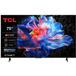 TCL 75'' 4K HDR TV z Google TV, 3840×2160, tanek okvir, slikovit barvit prikaz na zaslonu.