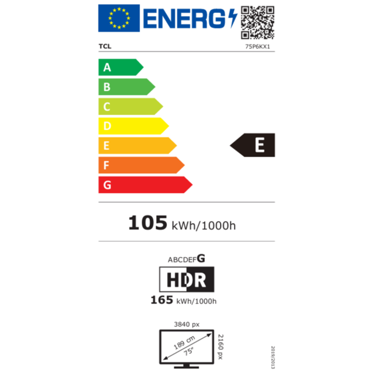 Energijska nalepka TCL televizorja, razred E, poraba 105 kWh/1000h, HDR 165 kWh, diagonala 75'' (189 cm).