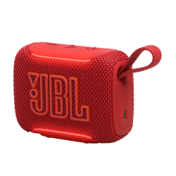 JBL GO5 rdeč prenosni zvočnik z velikim logotipom, tekstilnim ohišjem in zanko za nošenje