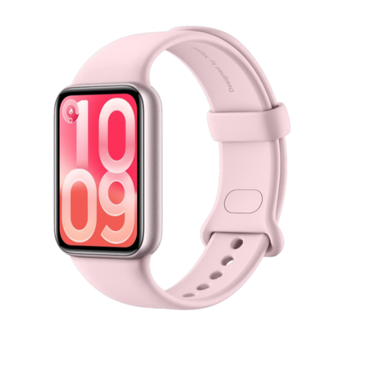 Xiaomi Smart Band 10 Pro z rožnatim silikonskim paščkom, prikaz številčnice 10:09 in ohišja iz poševnega kota.