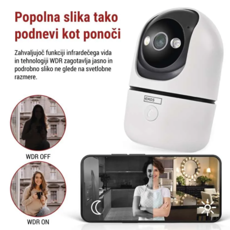 EMOS GoSmart IP kamera v beli barvi, prikazana z nastavljivim območjem zaznavanja gibanja in opozorili v mobilni aplikaciji.
