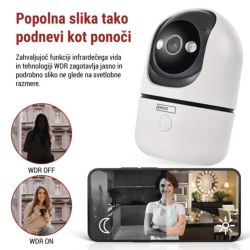 EMOS GoSmart IP kamera v beli barvi, prikazana z nastavljivim območjem zaznavanja gibanja in opozorili v mobilni aplikaciji.