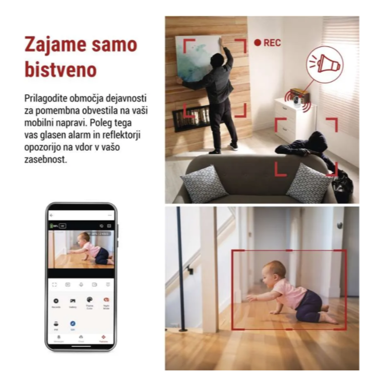 EMOS GoSmart IP kamera v beli barvi, prikazana s funkcijo WDR in nočnim vidom za jasen prikaz slike podnevi in ponoči.