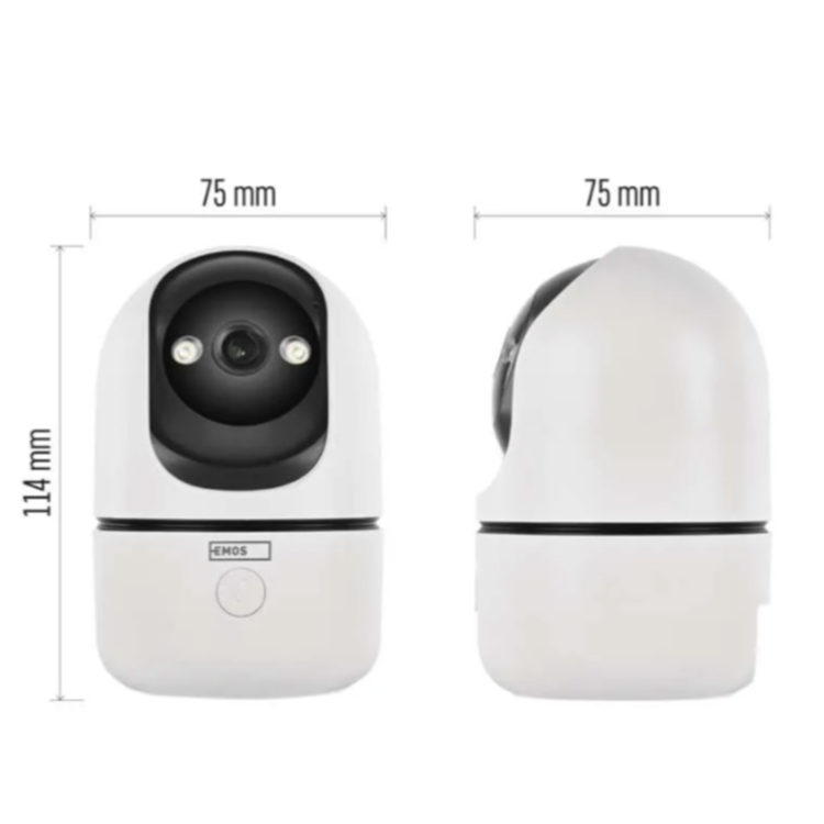 EMOS GoSmart IP kamera v beli barvi, prikazana s tehničnim prikazom dimenzij. Vidne so mere 75 × 75 × 114 mm.