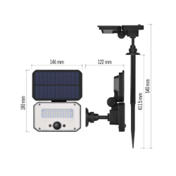 EMOS solarni LED reflektor z merami naprave, ločenim solarnim panelom in talnim nosilcem za montažo
