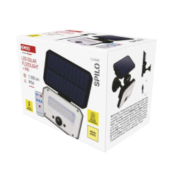 Embalaža EMOS LED solarnega reflektorja z ločenim solarnim panelom, daljinskim upravljalnikom in oznakami 1500 lm ter IP54