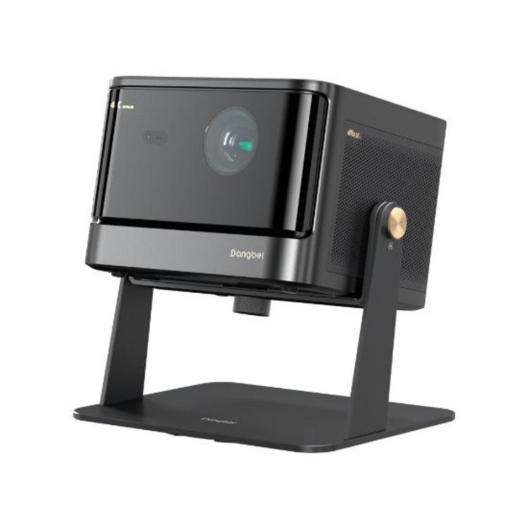 Dangbei DBOX02 Pro: 4K laserski projektor s kovinskim stojalom, sprednjo lečo in elegantnim črnim dizajnom.