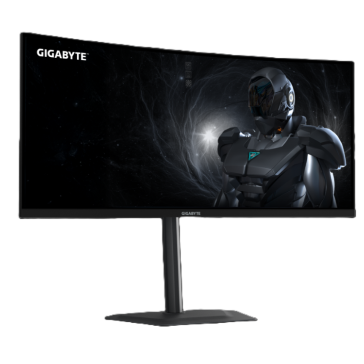 Sprednji pogled ukrivljenega ultraširokega monitorja GIGABYTE z gaming grafiko, tanek okvir in robustno stojalo.