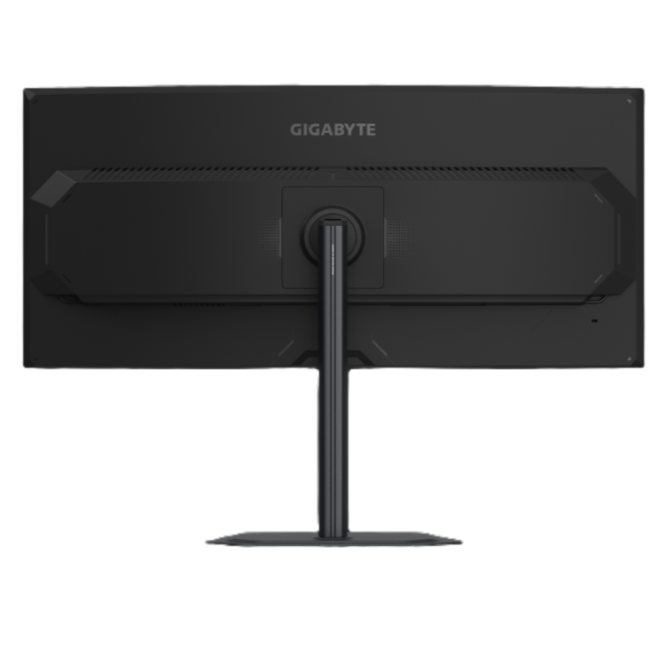 Zadnja stran ukrivljenega monitorja GIGABYTE s centralnim stojalom, minimalistično črno ohišje in skriti kabelski vod.