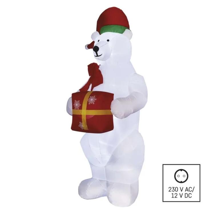 Polarni medved z božičnim darilom LED, napihljiv, 240 cm, zunanji in notranji