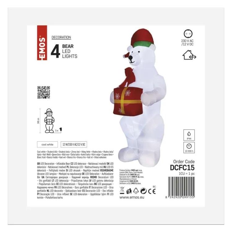 Polarni medved z božičnim darilom LED, napihljiv, 240 cm, zunanji in notranji