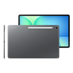 Samsung Galaxy Tab S10 FE, siva tablica, spredaj in zadaj, priloženo S Pen pisalo, tanek kovinski dizajn.