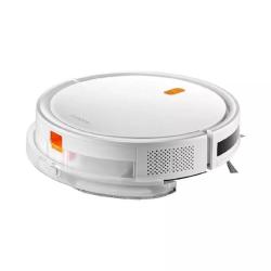 Xiaomi Robot Vacuum E5 v beli barvi z nizkoprofilno okroglo zasnovo, stransko krtačo, sprednjimi senzorji in funkcijo sesanja ter mokrega čiščenja tal