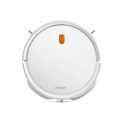 Xiaomi Robot Vacuum E5 v beli barvi s kompaktno okroglo zasnovo, stranskima krtačkama in zgornjima gumboma za vklop ter vračanje na polnilno postajo