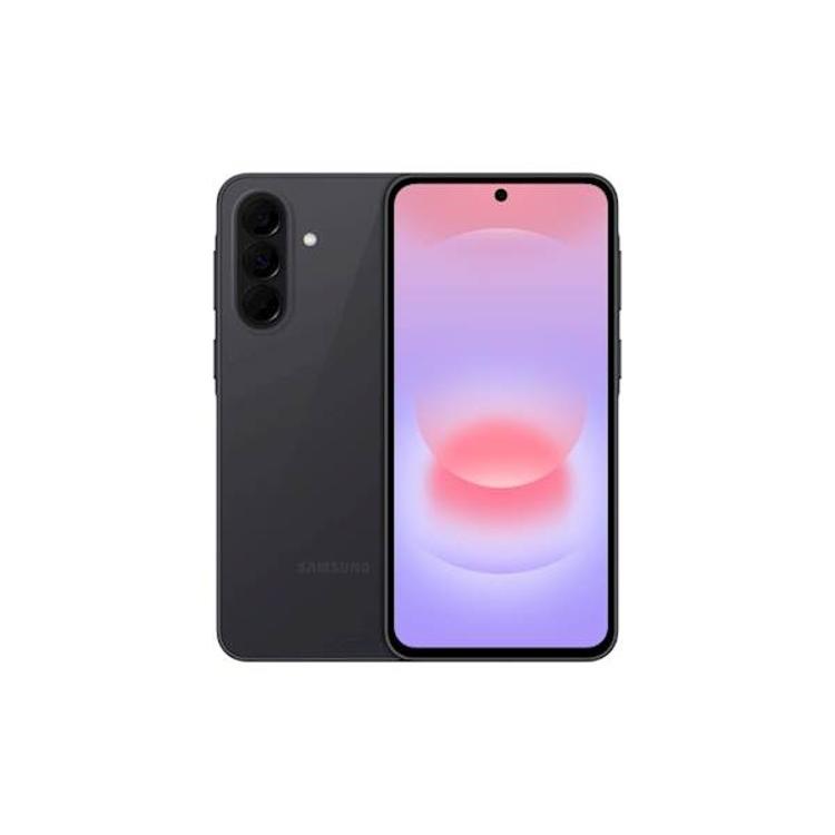 Samsung pametni telefon v temno sivi barvi, prikazan s sprednje in zadnje strani; spredaj zaslon z osrednjo kamero v zaslonu.